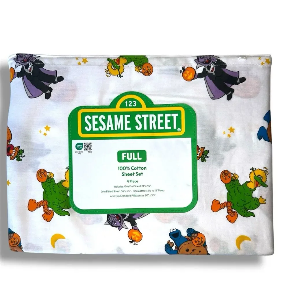 Sesame Street Halloween Full Sheet Set 100% Cotton 4pc Elmo Cookie Monster New